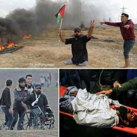 En el año 2008, Ibrahim Abu Thuruya perdió ambas piernas durante el asalto de Israelí a Gaza. Ayer recibió un disparo en la cabeza que le produjo la muerte instantánea en una manifestación cerca de la frontera. No portaba ningún arma en sus manos, sólo llevaba un ardiente anhelo de JUSTICIA